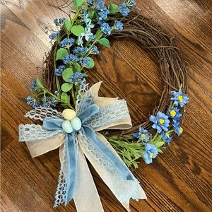 Blue Floral Grapevine Wreath with Bow and Decorative Eggs